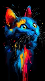 Multicolor feline portrait on black abstract background.
