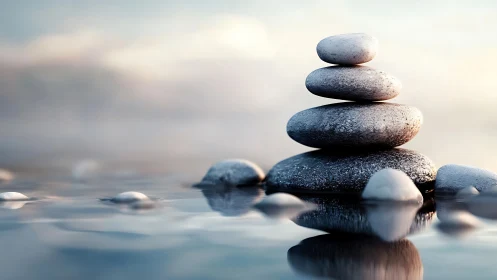 Zen stone cairn over reflective water in soft dawn light.