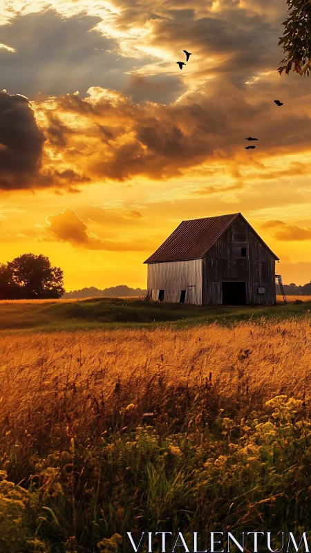 Sunset barn stands quiet while the prairie fields burn gold