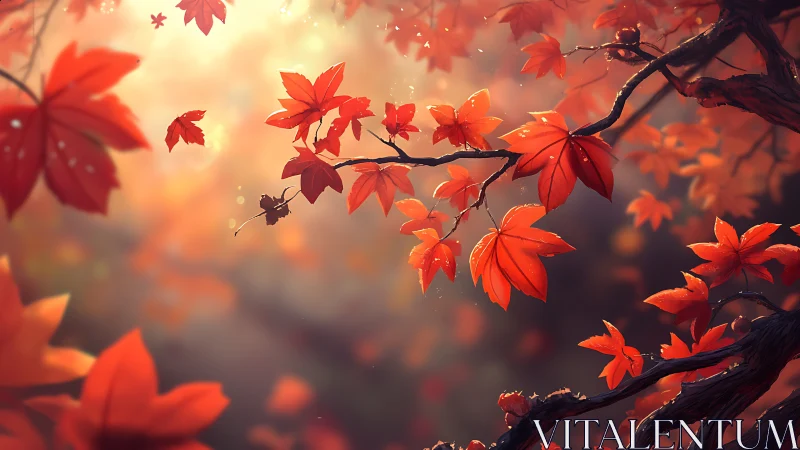 Autumn maple canopy with glowing bokeh and warm backlighting.