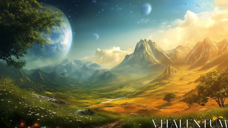 Star-kissed valley unfolds beneath glowing alien skies