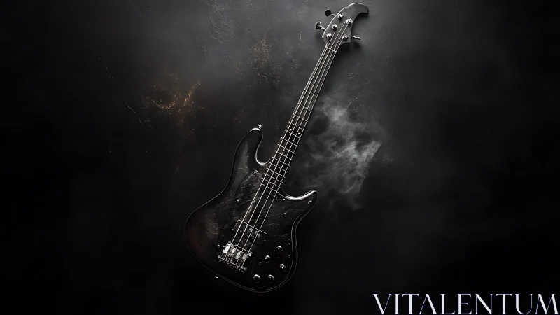 Electric bass guitar on dark textured surface with smoke.