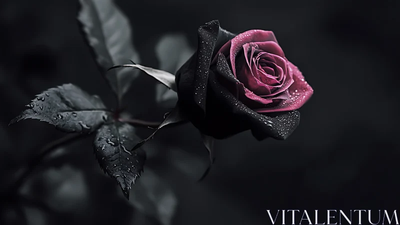 Close-up of dewy bicolor rose against dark background.