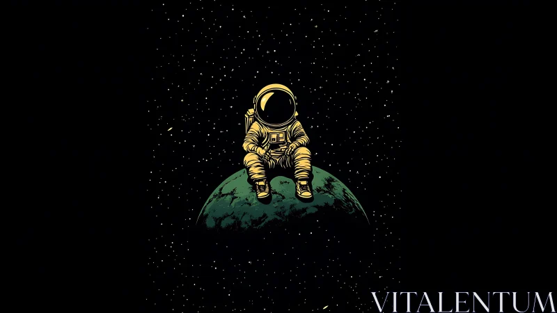 Solitary suited astronaut seated on small green planet in space