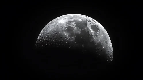Crisp monochrome close-up of the Moon’s cratered surface.