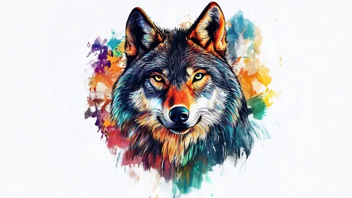 Vibrant watercolor wolf portrait with abstract splashes.