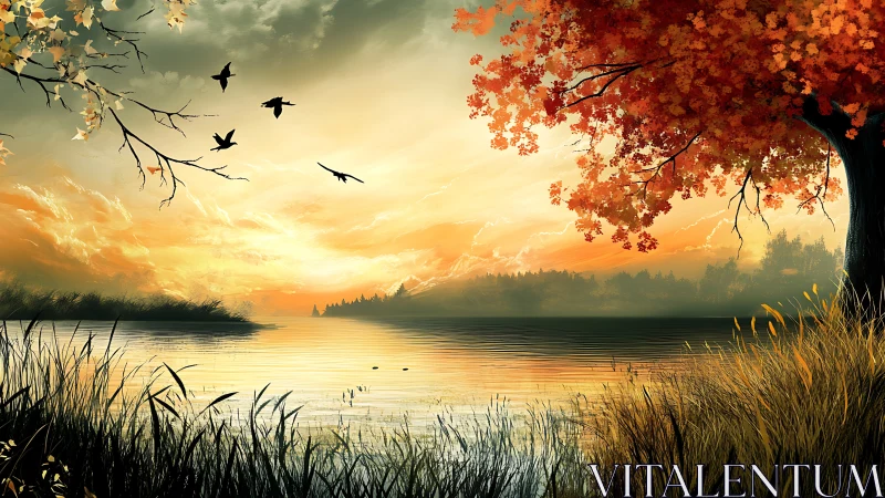 Autumn lake sunset glows behind silhouetted birds and trees.