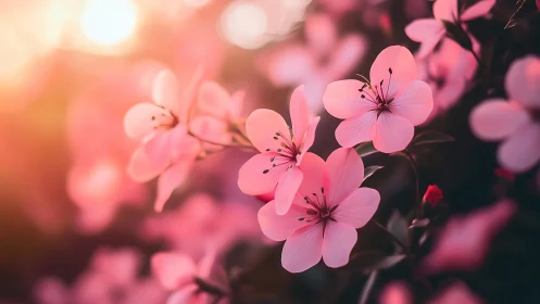 Pink flowers with five petals captured in soft sunlight conditions