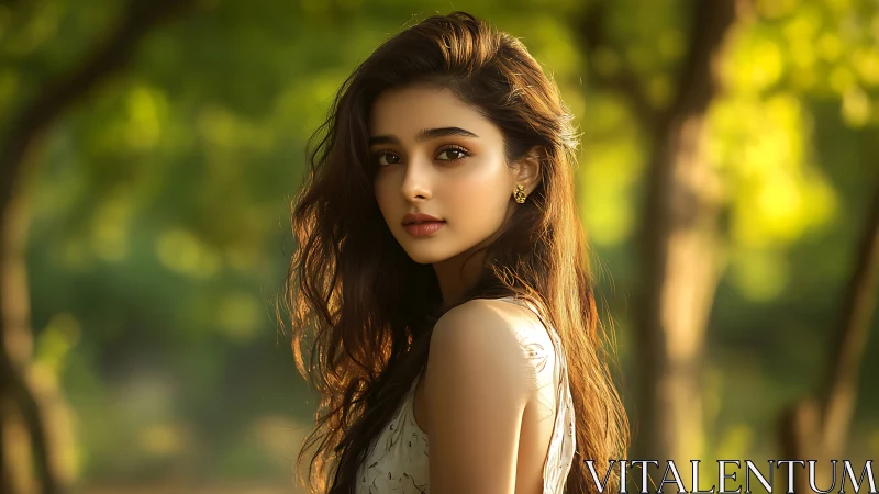 Young woman stands outdoors under warm green forest light