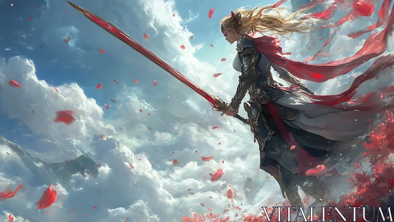 Skybound warrior queen with crimson greatsword poised.