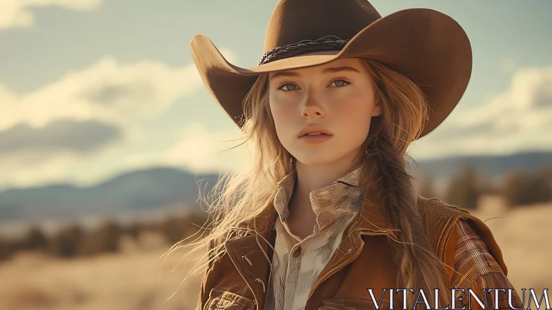 Sunlit cowgirl gazes across open prairie landscape thoughtfully.