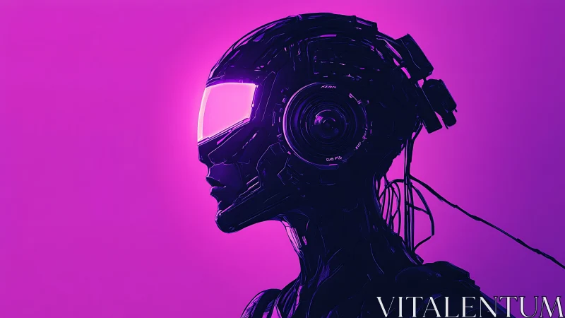 Neon magenta cyborg head with visor and lens-interface profile.