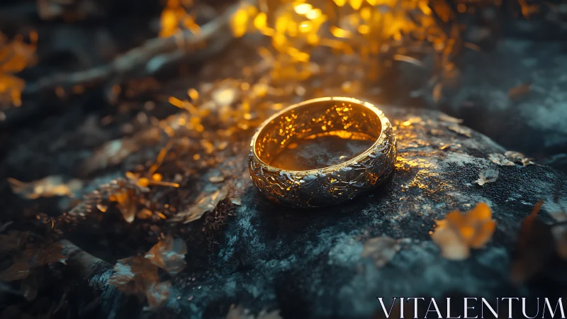 Cinematic 3D close-up of engraved gold ring on forest stone.