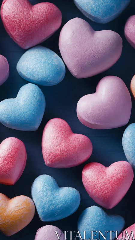 Colored heart-shaped objects arranged on dark background.