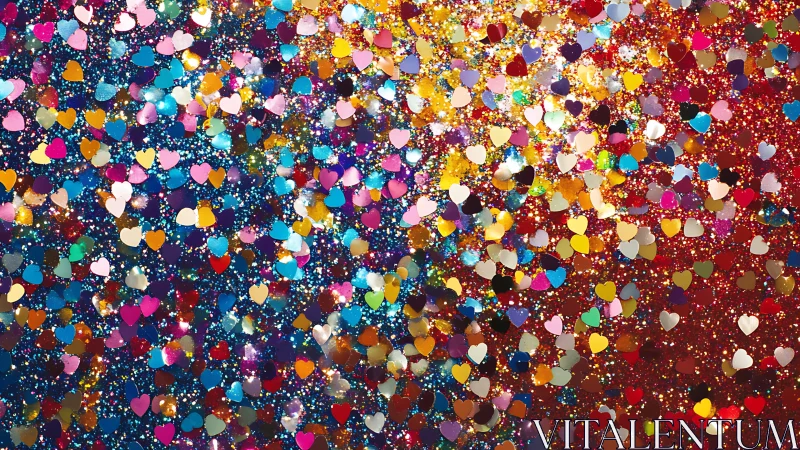 Glittering heart confetti swirling in a lively color storm.