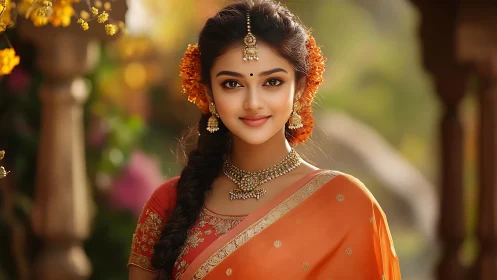Photorealistic portrait woman in orange saree outdoors.