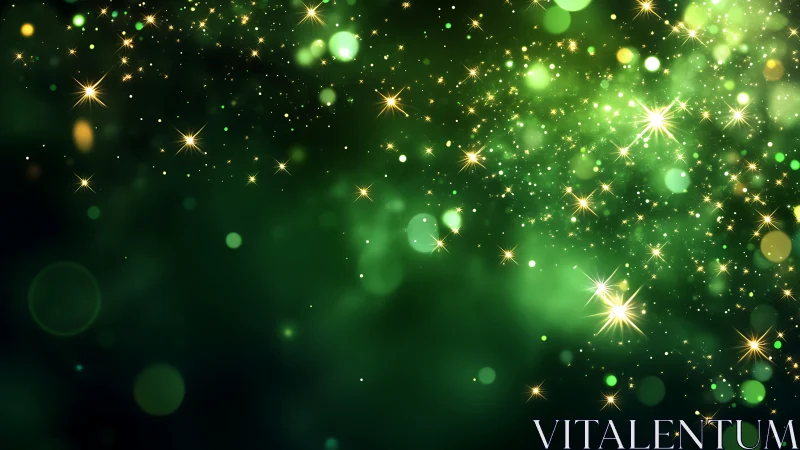 Green bokeh starlight field with glowing golden sparks.