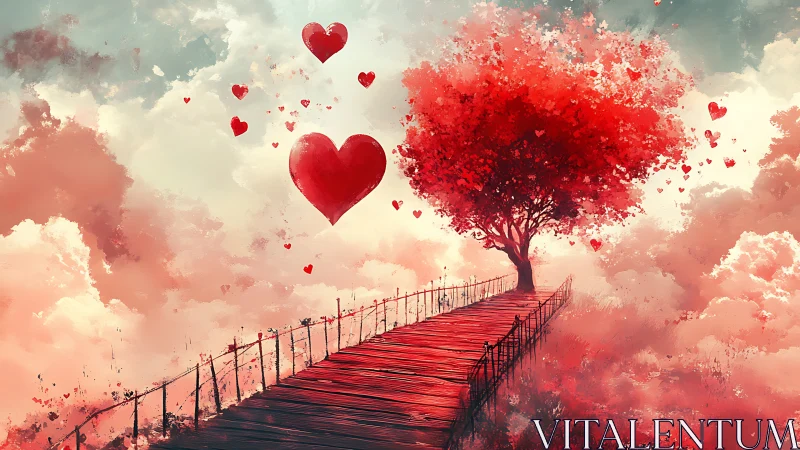 Red Heart Tree Bridge in Clouds: Love Symbol Fantasy Landscape.