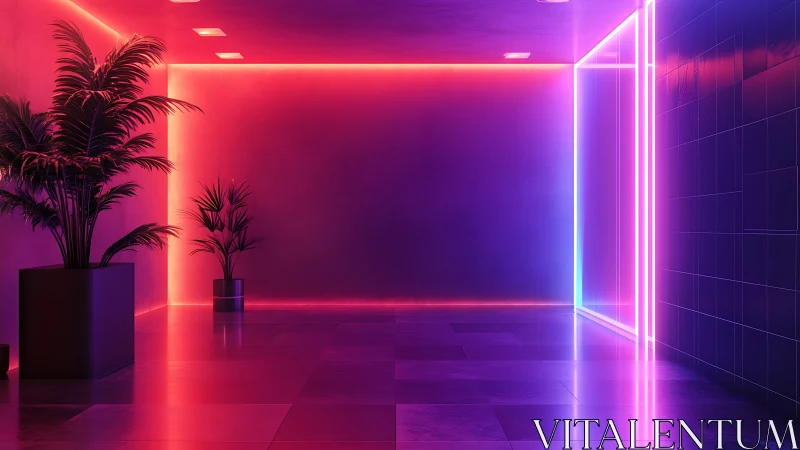 Neon corridor glows with saturated pink and blue light.