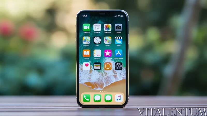 iPhone Home Screen with Blurred Garden Background and App Icons