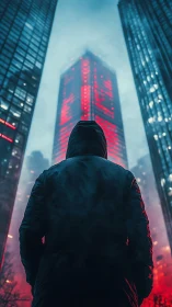 Hooded figure confronts neon red skyscraper in foggy cybercity
