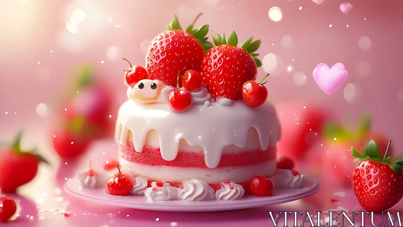 Strawberry-Topped Cake with Whipped Cream Drip. 3D Render