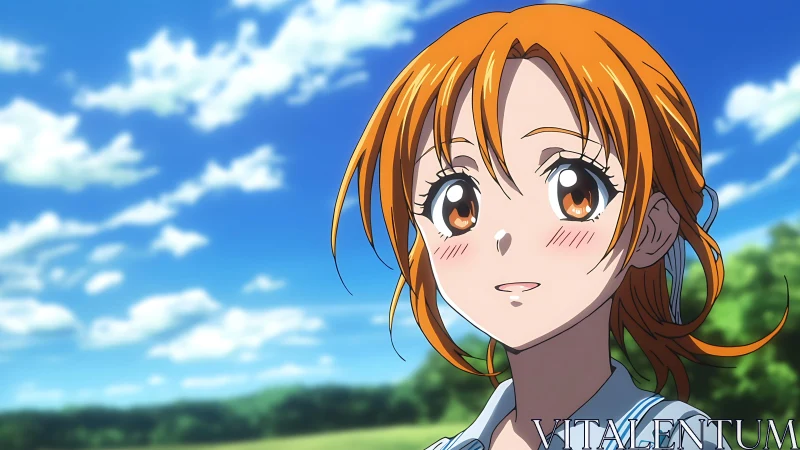 Orange haired anime girl under vivid summer sky.