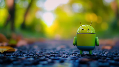 Playful Android mascot stands on sunlit forest pathway