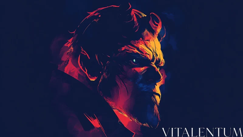 High-contrast demonic profile portrait in neon rim lighting