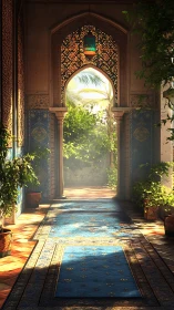 Sunlit courtyard archway with lush garden escape.