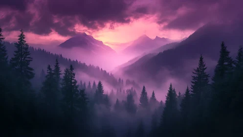 Dreamy violet mountains glow softly above misty pines