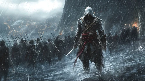 Hooded warrior leading armed soldiers through heavy rain.