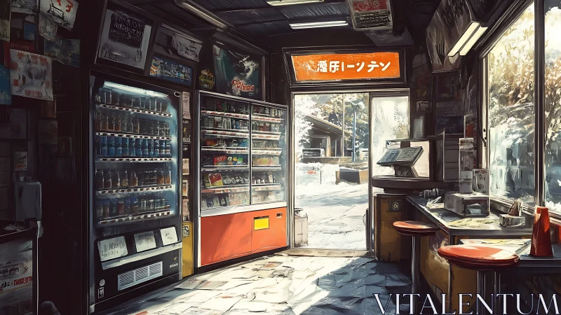 Interior of small Japanese kiosk with vending machines.