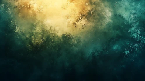 Abstract atmospheric digital painting with teal and golden hues.