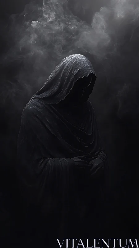 Hooded robed figure in dark smoke filled atmosphere.