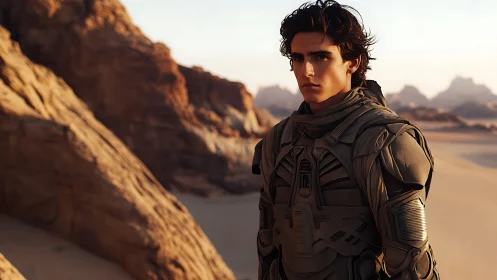 Photorealistic sci-fi portrait in arid desert environment.