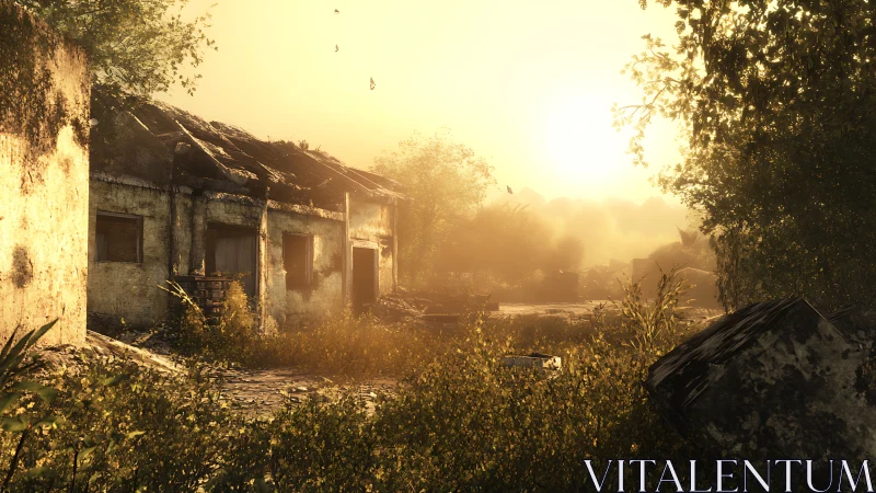 Backlit abandoned houses with volumetric haze in golden hour lighting