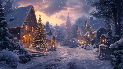 Snow covered village street shows illuminated Christmas houses