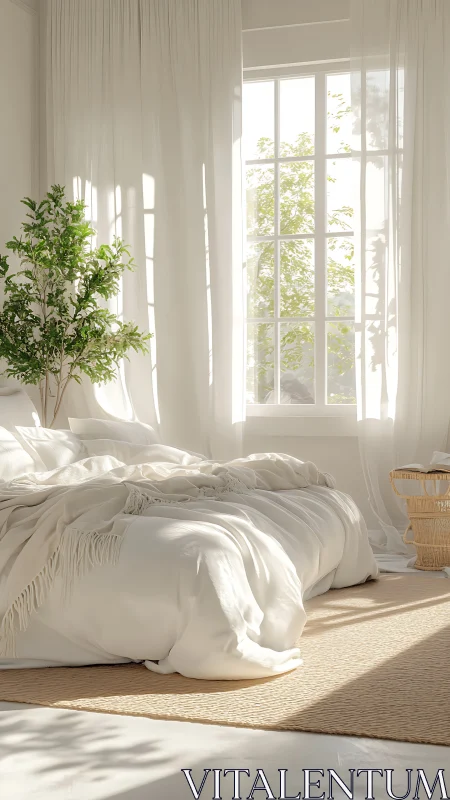 Sunlit white bedroom displays soft textiles and window light