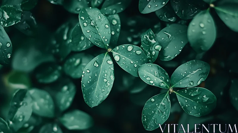 Rain covered green leaves in closeup natural background.