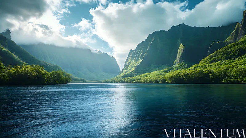 Sunlit emerald cliffs rise gently above a tranquil blue bay