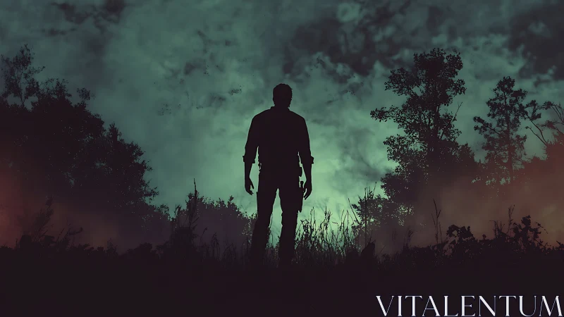 Silhouetted lone figure standing in dark forest clearing.