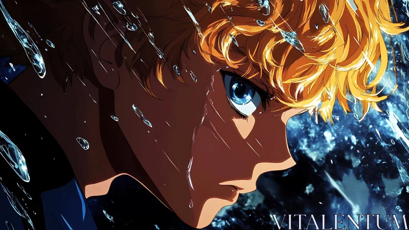 Resolute anime boy stares through storming shards of water
