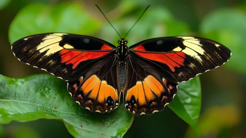 Jewel-winged butterfly poised on rain-bright jungle leaf.