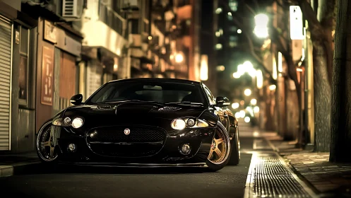 Black sports coupe under cinematic urban night lights.