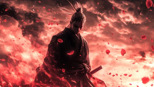 Samurai in crimson stormlight among drifting petals.
