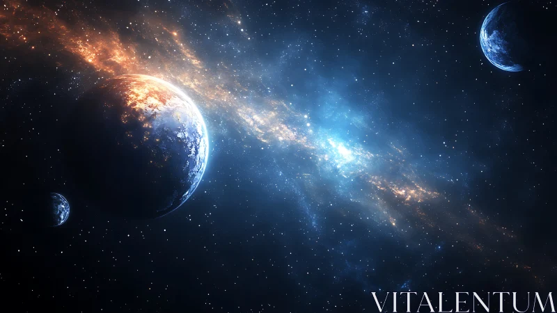 Illuminated exoplanet with molten terminator beside luminous nebular axis