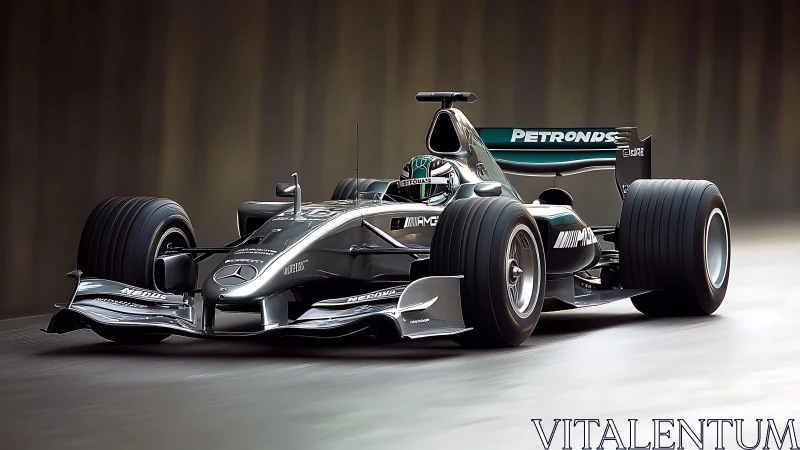 Silver bullet race car slices through a blurred speed tunnel.