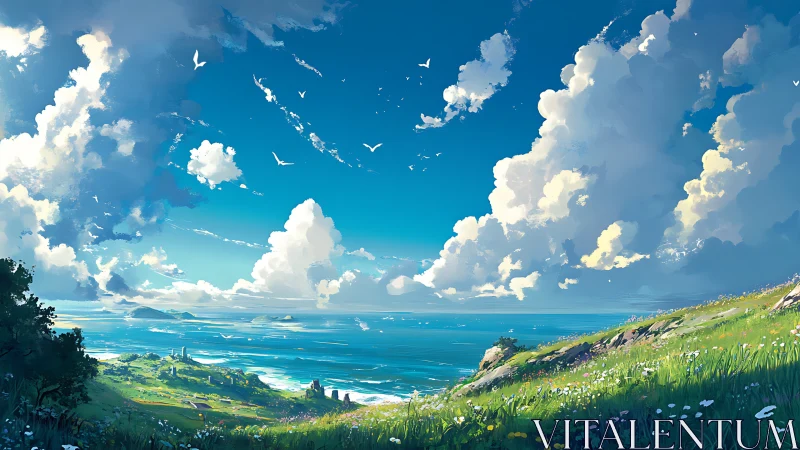 Sunlit coastal meadow opens to a vast, cloud-filled sky