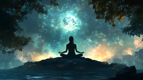 Moonlit forest meditation under a starlit cosmic canopy.